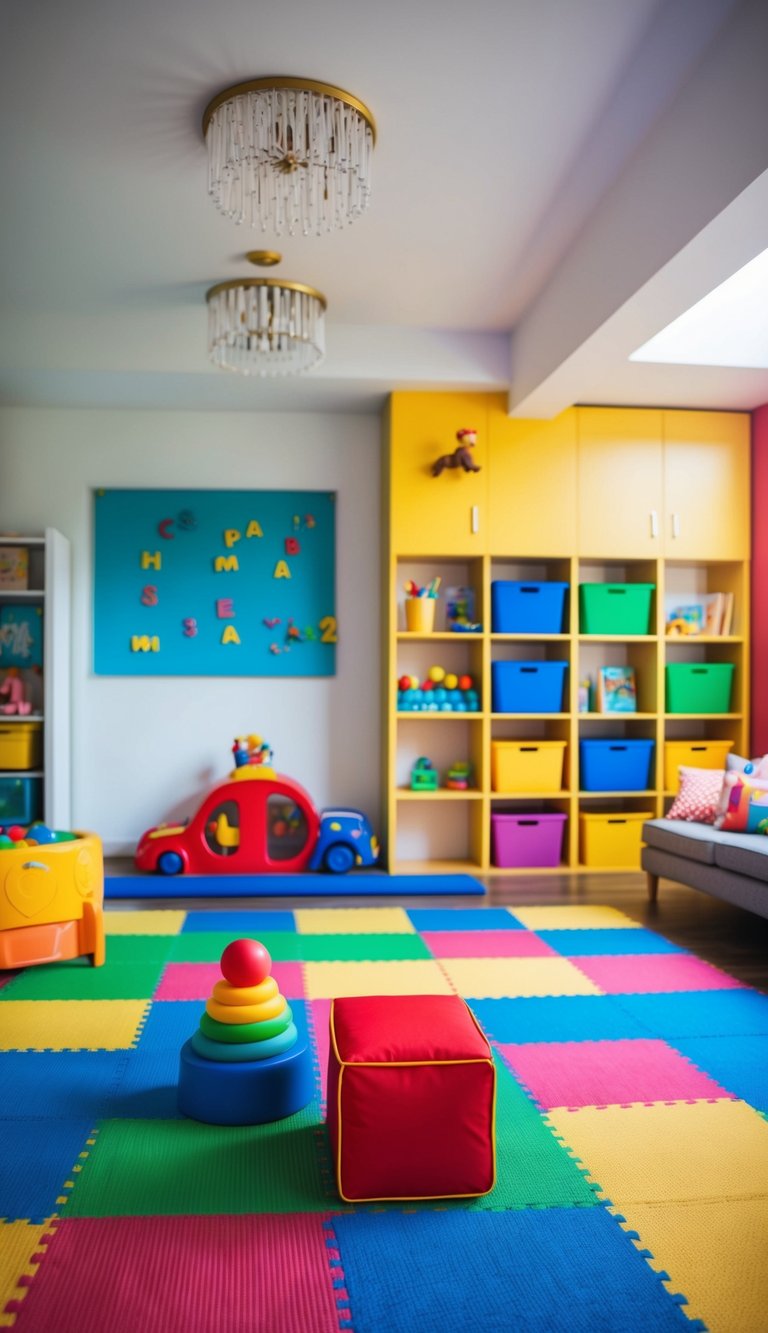 A vibrant playroom with colorful educational play mats and 22 luxury kids bedroom ideas