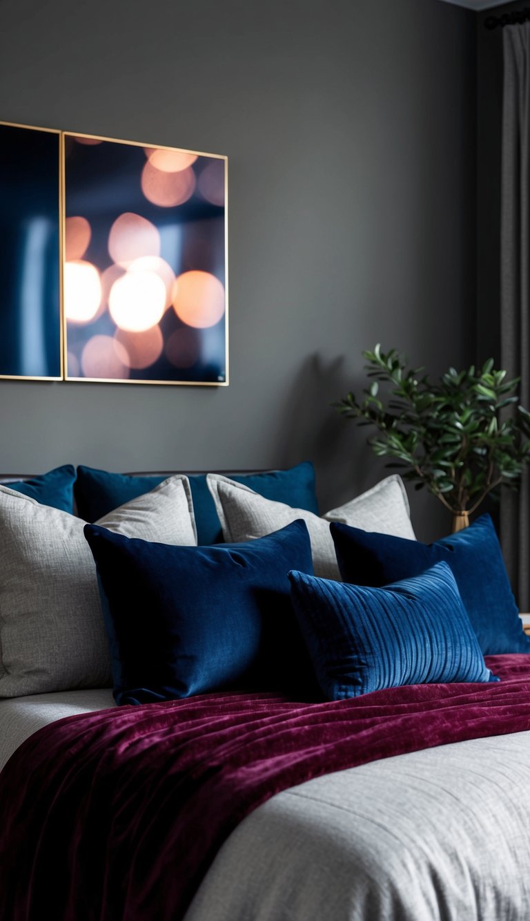 A cozy gray bedroom with deep, rich colored accents, like a burgundy throw blanket and navy blue pillows, creating a dramatic and sophisticated atmosphere