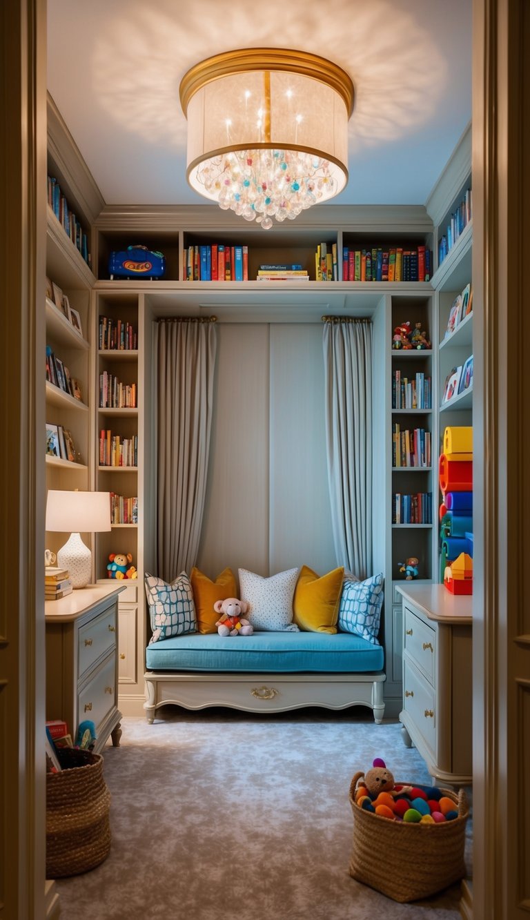 A cozy reading nook in a luxurious kids' bedroom, with elegant furniture, soft lighting, and a collection of books and toys