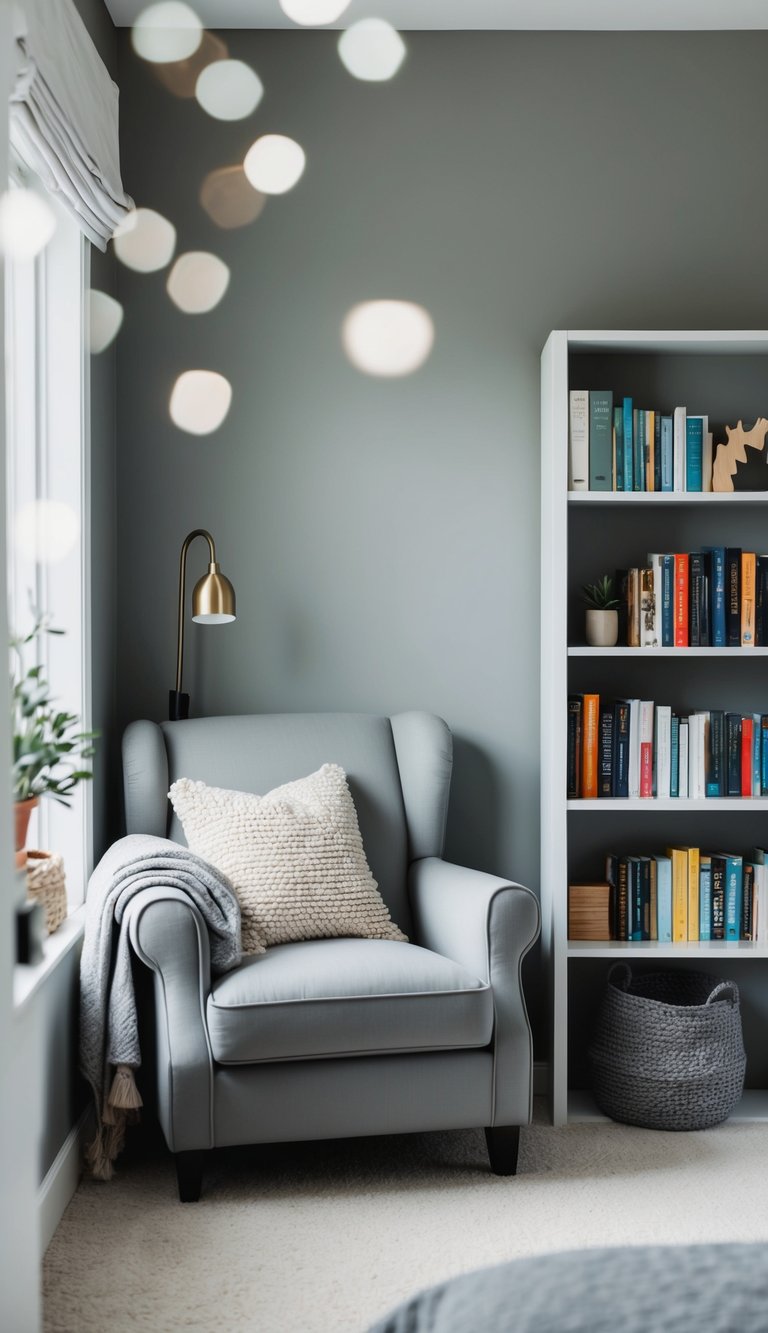 A cozy reading nook in a gray bedroom, with a comfortable armchair, soft throw blanket, and a small bookshelf filled with books