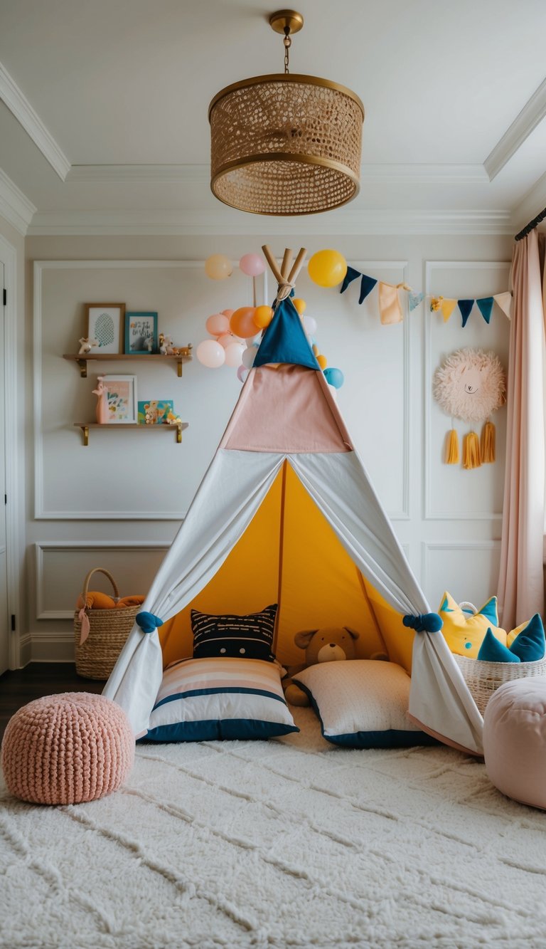 A cozy play tent sits in the center of a luxurious kids' bedroom, surrounded by plush bedding, colorful decor, and soft lighting