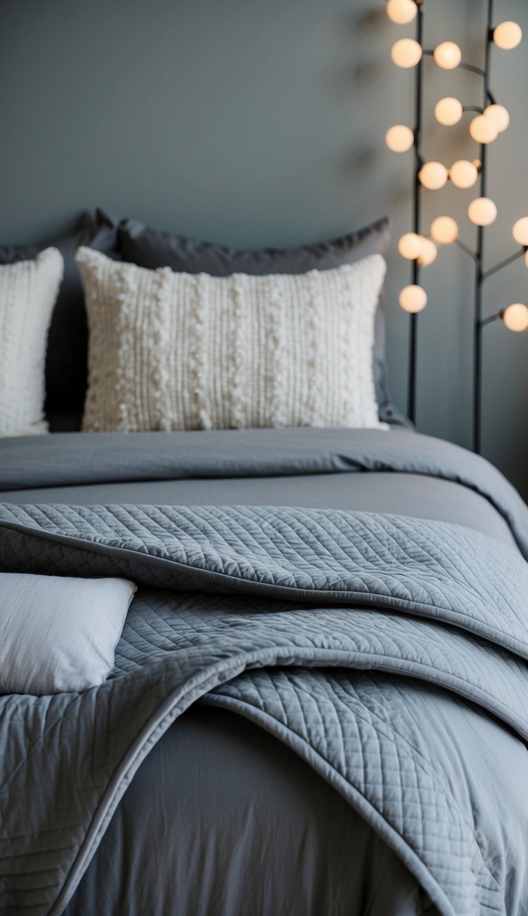 A cozy gray bedroom with quilted blankets draped over the bed and textured pillows