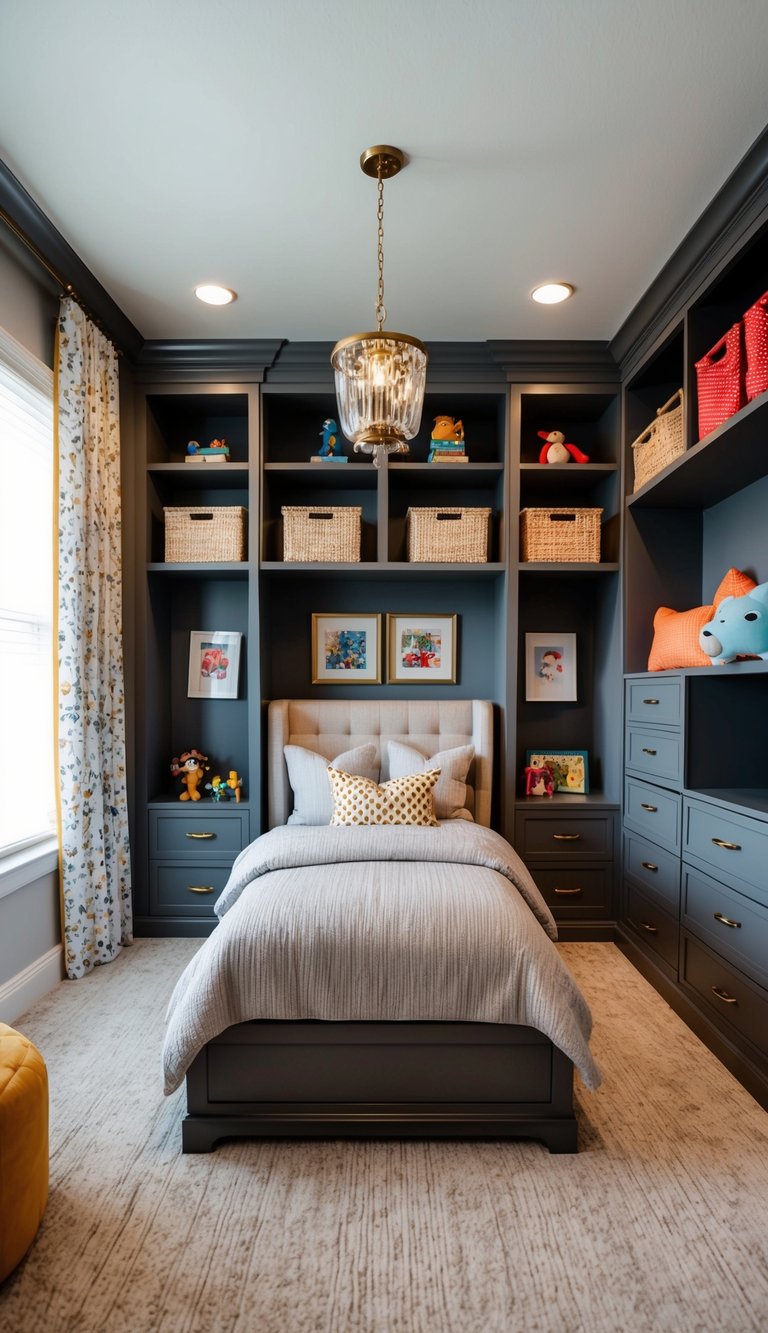 A spacious, organized kids' bedroom with custom storage solutions and luxurious design elements