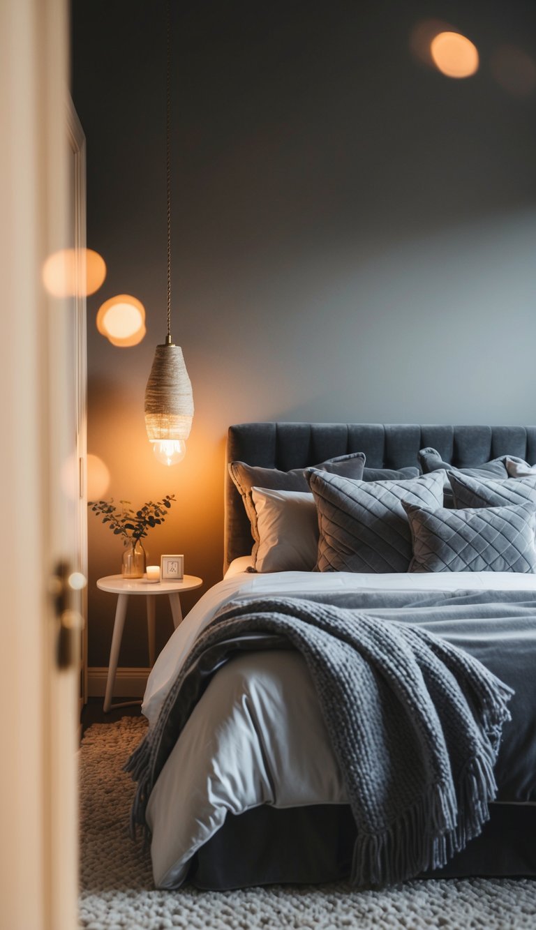 A cozy bedroom with gray wool or velvet accents, warm lighting, and plush bedding