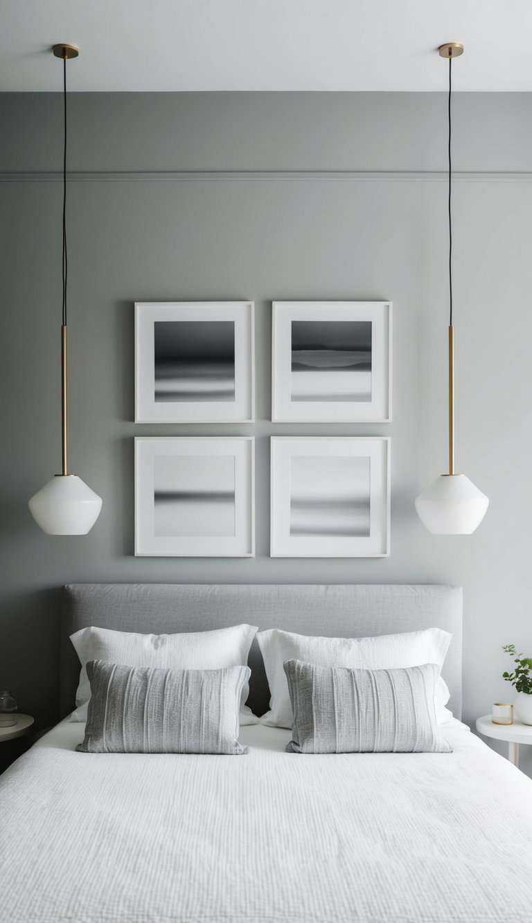 Gray and white art pieces hang on the walls of a serene bedroom with minimalist decor