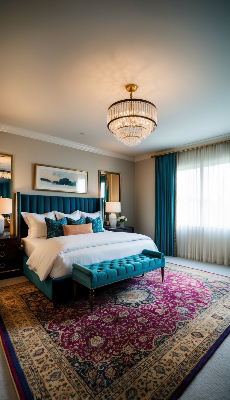 A spacious bedroom with plush, colorful carpets and elegant decor