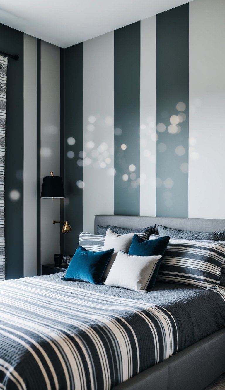 Gray stripes and patterns adorn the bedroom walls, creating a modern and sophisticated atmosphere