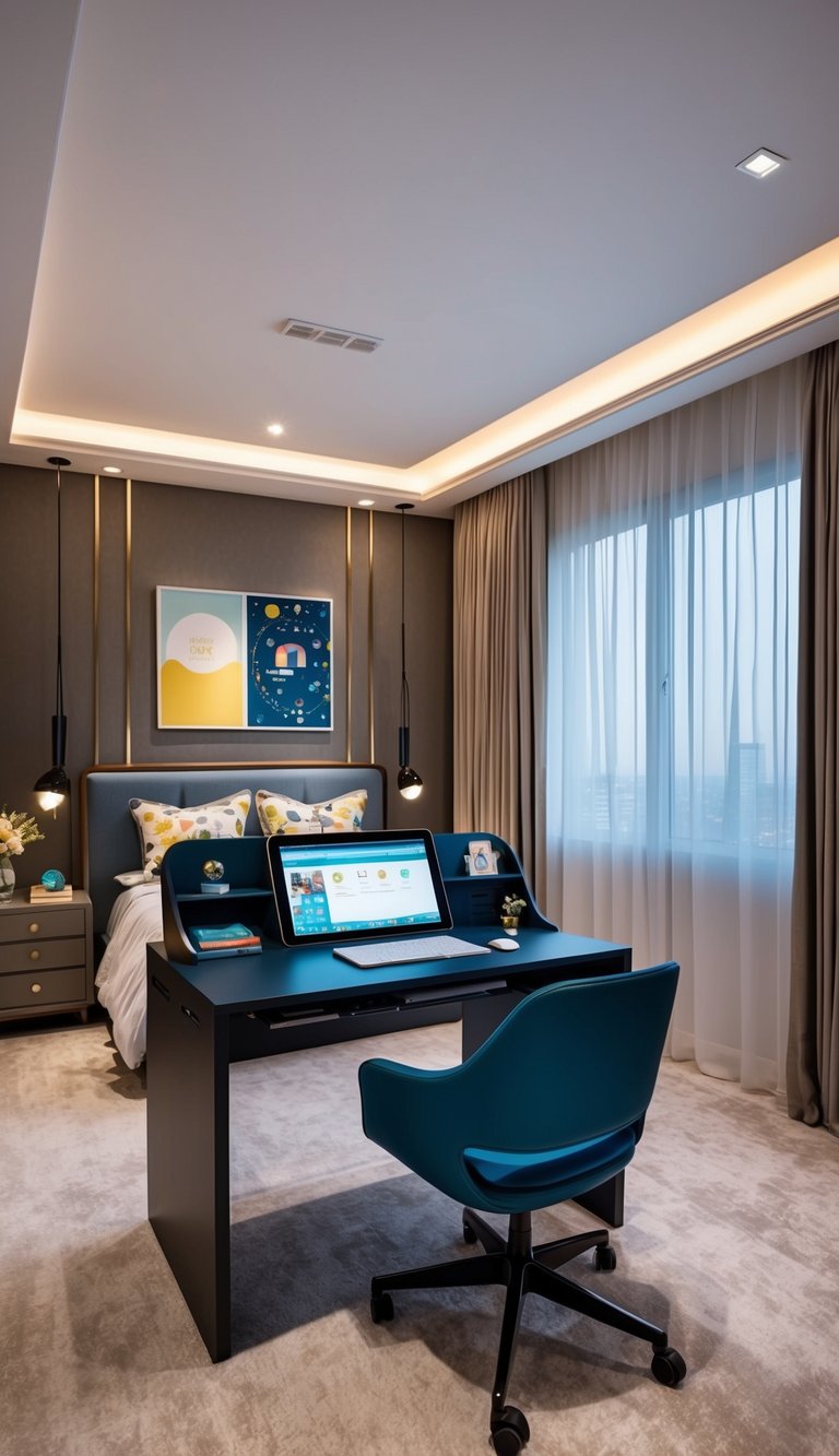 A sleek, modern study station with integrated technology sits in a luxurious kids' bedroom, surrounded by stylish and functional decor