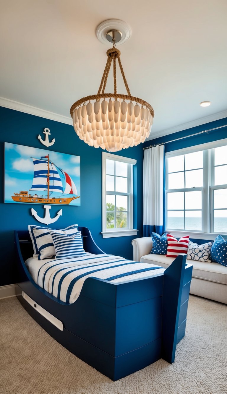 A luxury kids bedroom adorned with nautical-themed decorations: a ship-shaped bed, anchor wall art, and seashell chandelier