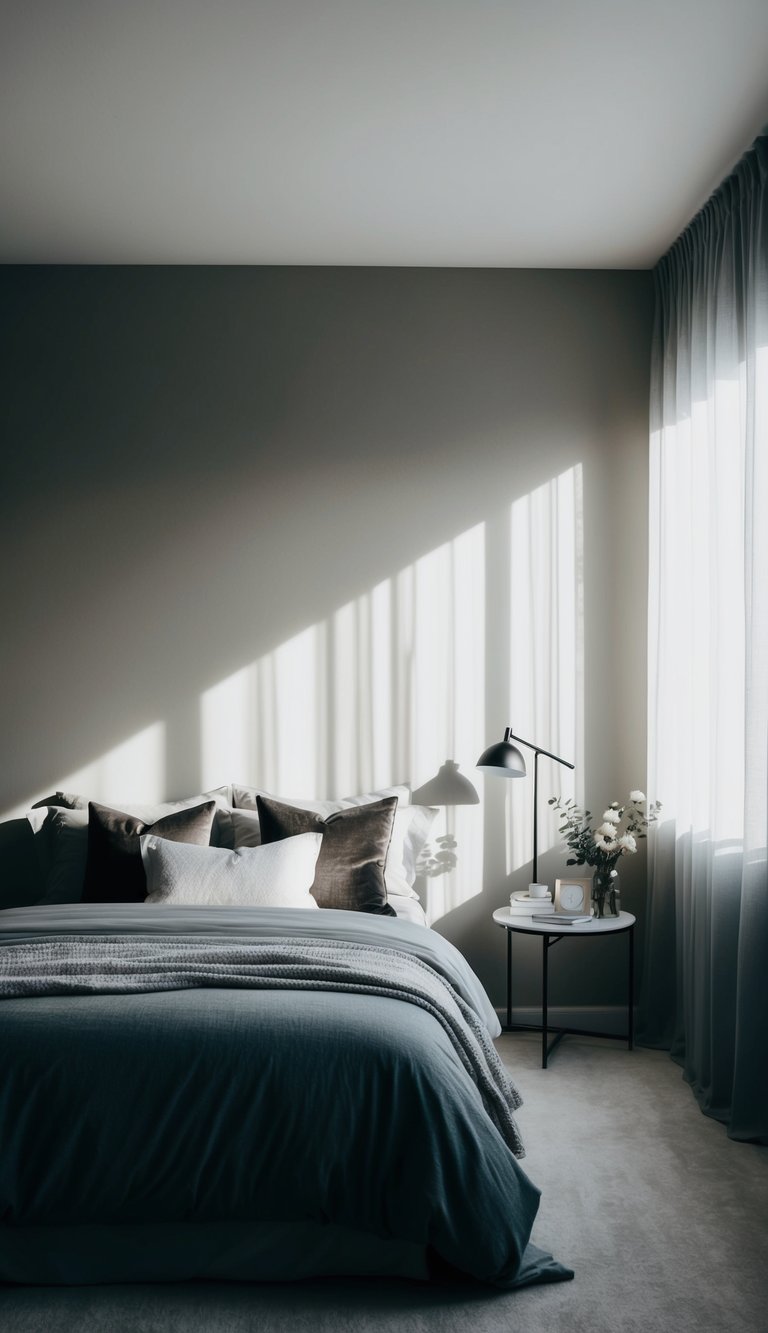 Soft light casts gentle shadows on a monochromatic bedroom with various shades of gray, creating a soothing and elegant atmosphere