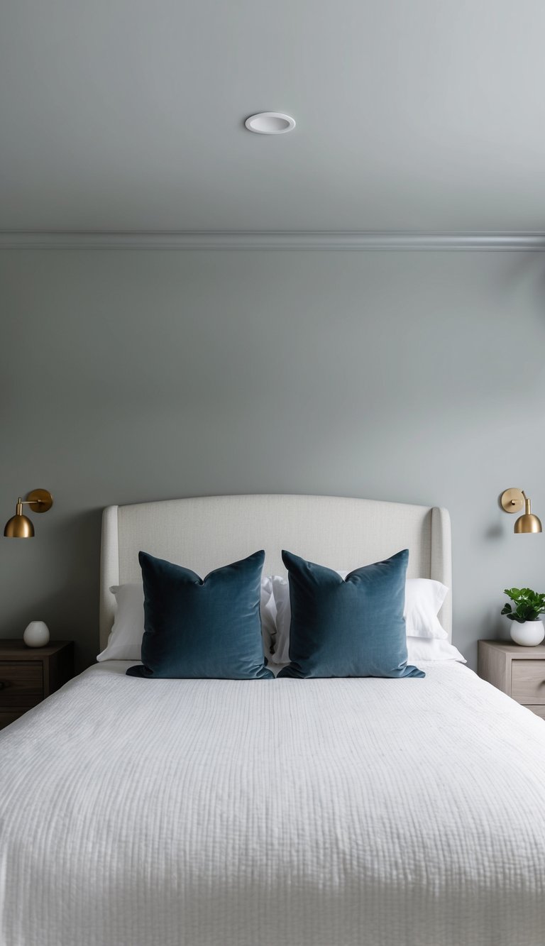 The bedroom ceiling is painted in a soft shade of gray, creating a calming and neutral backdrop for the room