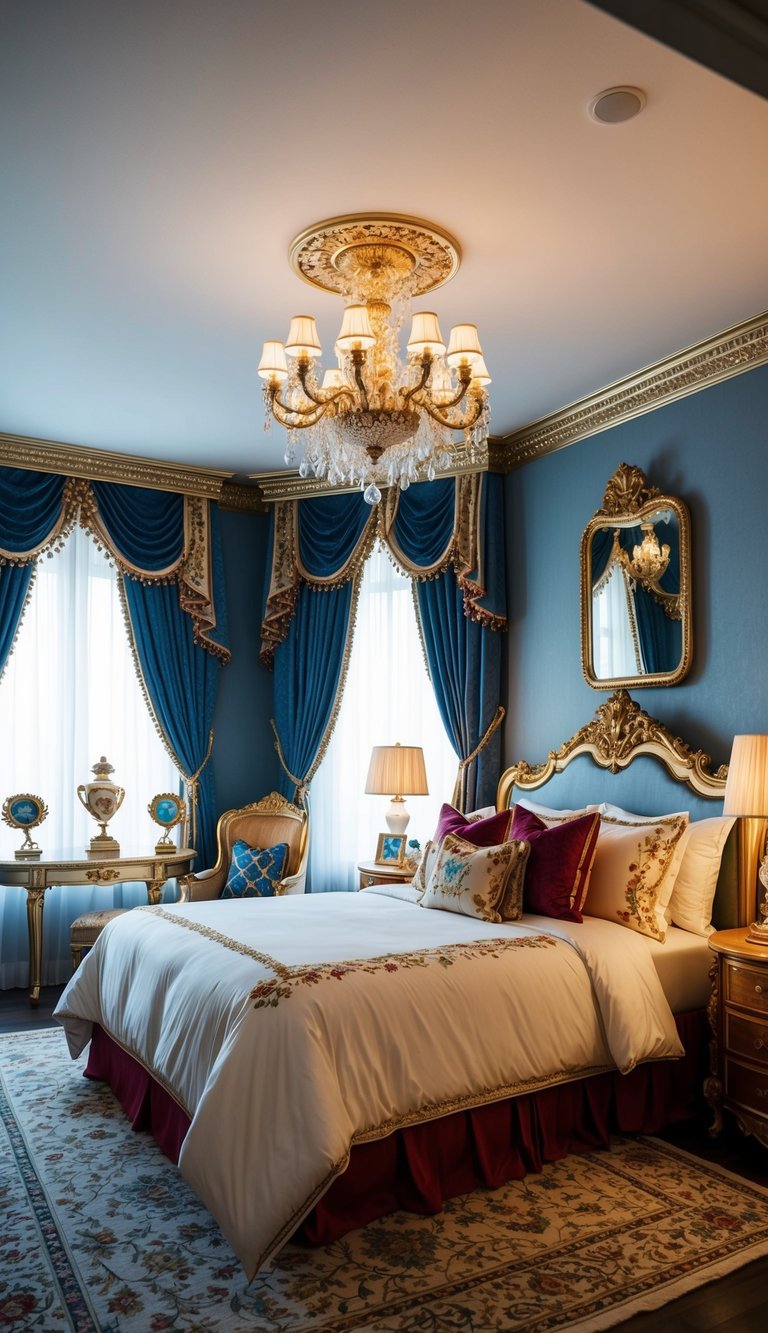 A grand bedroom with royal bedding sets and opulent decor fit for luxury kids' room