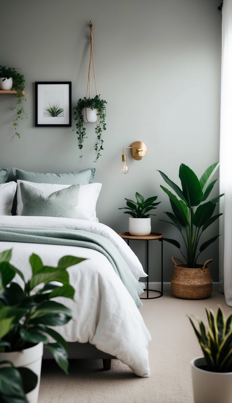 A cozy bedroom with soft gray walls, accented by natural greenery in the form of potted plants, creating a serene and calming atmosphere