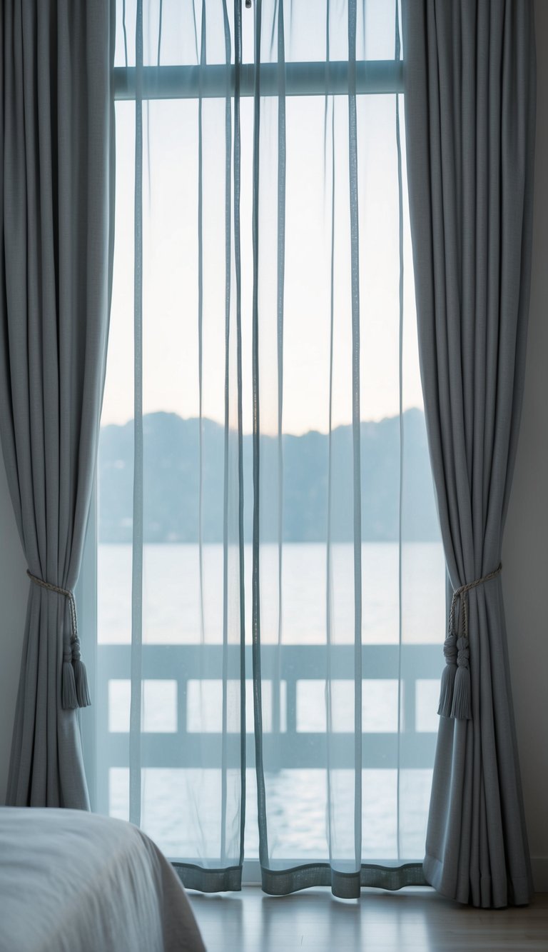 Gray curtains billow softly in a tranquil bedroom, casting a serene atmosphere over the space