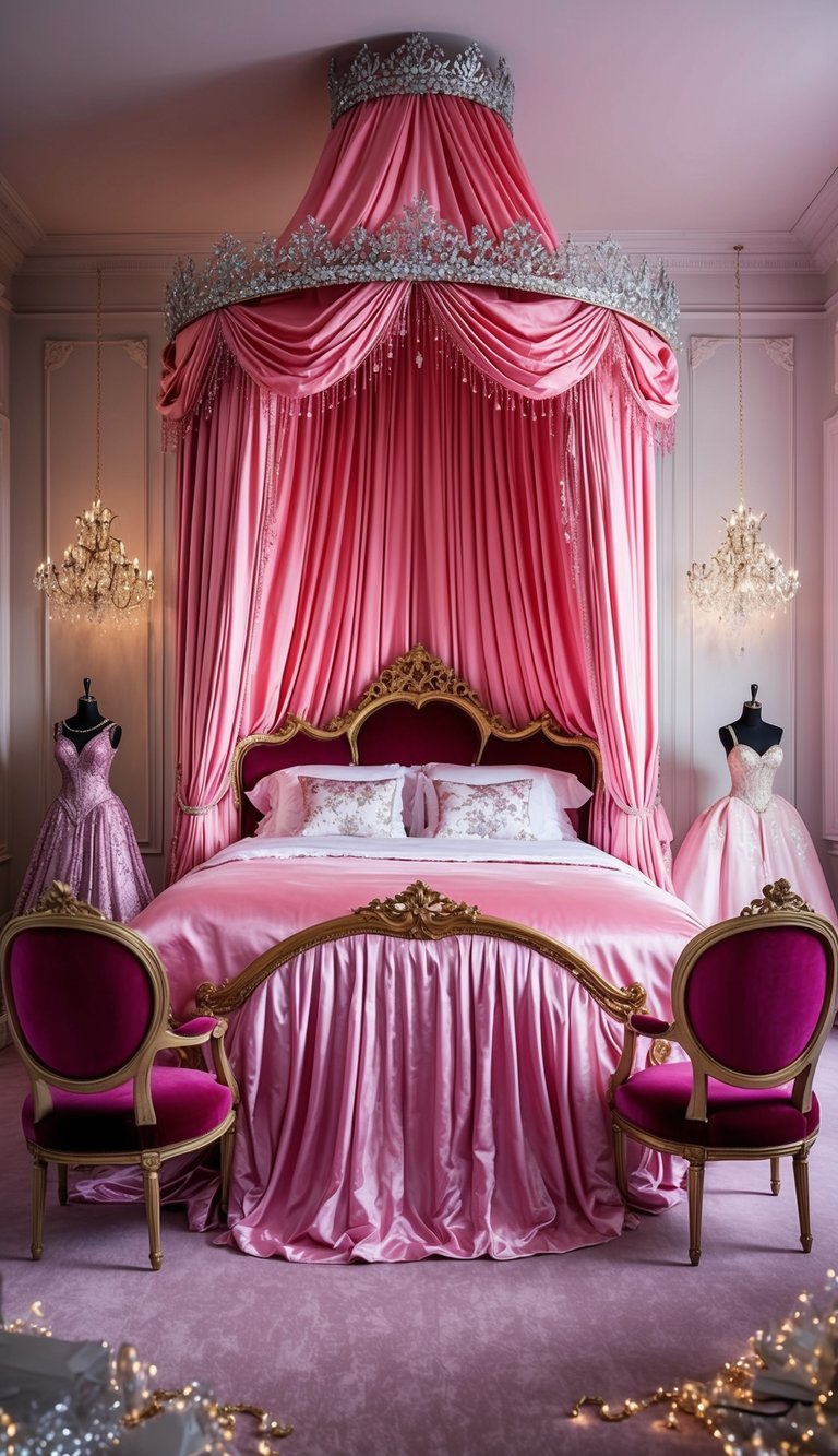 A grand canopy bed draped in pink silk, surrounded by plush velvet chairs and twinkling fairy lights. Sparkling tiaras and elegant gowns adorn the room fit for a princess