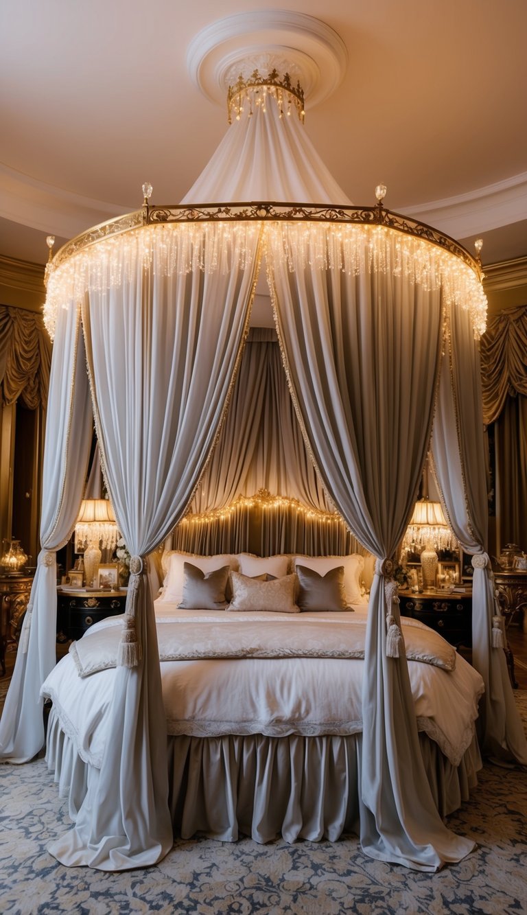 A luxurious canopy bed adorned with flowing curtains and elegant bedding, surrounded by twinkling lights and opulent decor