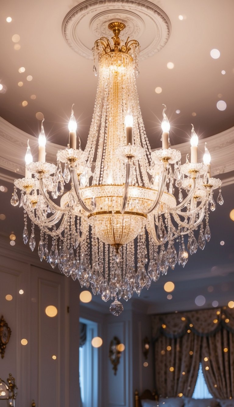 A grand chandelier illuminates a princess bedroom, casting a sparkling glow over the elegant decor