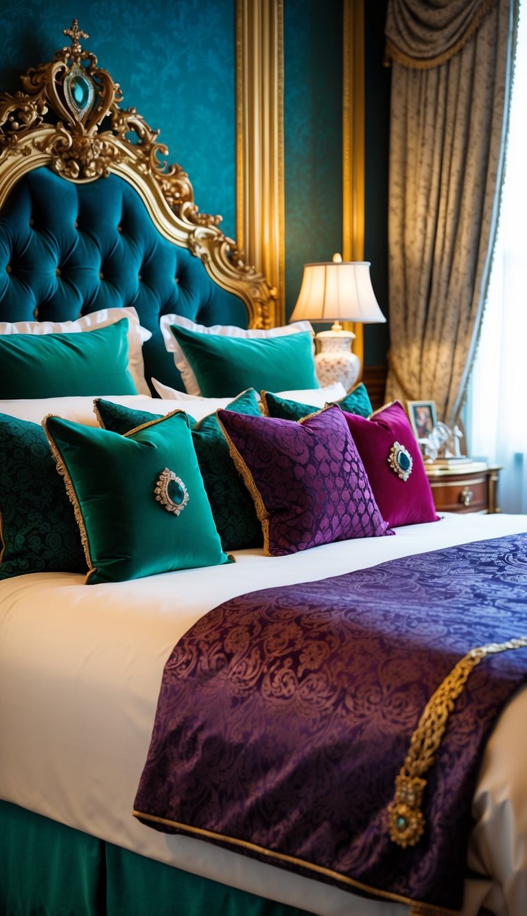 A lavish princess bedroom adorned with jewel-toned pillows in rich shades of emerald, sapphire, and ruby, creating a regal and opulent atmosphere