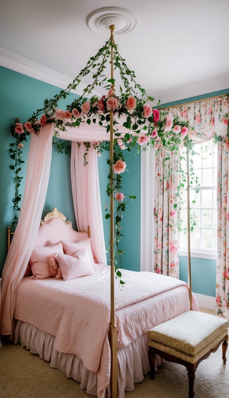 A princess bedroom with a canopy adorned with floral vines, creating a whimsical and enchanting atmosphere