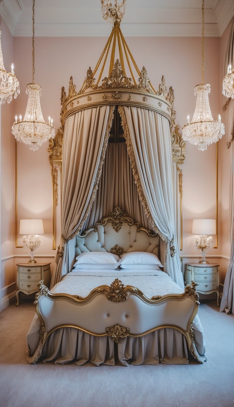 A grand castle-themed bed with draped curtains, ornate carvings, and a regal canopy, surrounded by soft pastel walls and glittering chandeliers