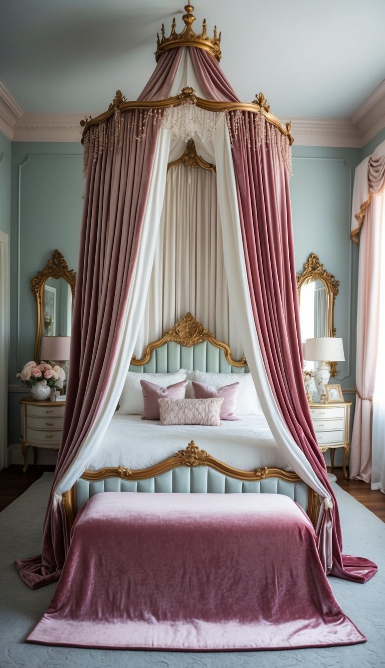 A luxurious velvet throw blanket drapes over a regal canopy bed in a princess-themed bedroom, surrounded by elegant decor and soft, pastel colors