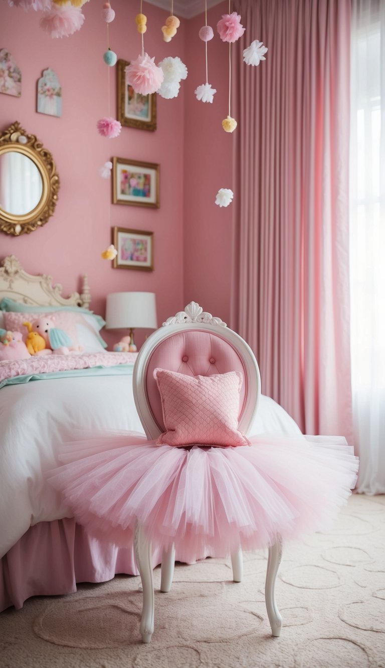 A whimsical bedroom with a tutu chair, adorned with princess-themed decor and soft pastel colors