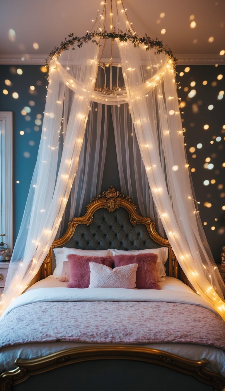 A cozy princess bedroom with twinkling lights draped around a canopy bed, creating a magical and dreamy atmosphere