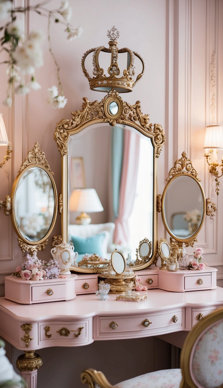 A luxurious princess dressing table adorned with ornate mirrors and delicate trinkets, surrounded by elegant furnishings and soft, pastel colors