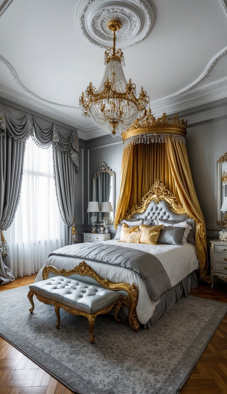 A luxurious princess bedroom with gold and silver accents, featuring a grand canopy bed, ornate chandelier, and elegant furniture