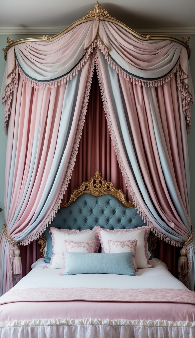 A grand, regal curtain drapes over a princess-themed bedroom, with soft pastel colors and delicate, ornate details