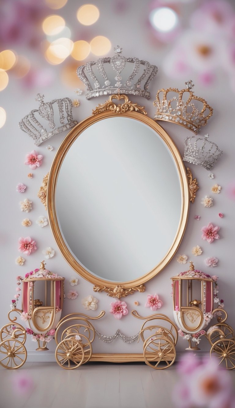 A grand princess-themed mirror surrounded by glittering tiaras, elegant carriages, and delicate flower motifs