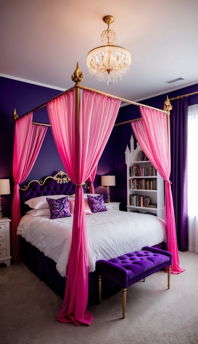 A royal canopy bed surrounded by pink and purple accents, with a sparkling chandelier and a castle-shaped bookshelf in the corner