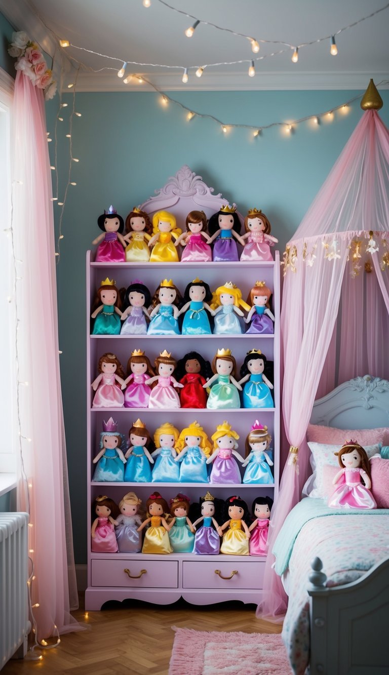 A shelf filled with plush princesses in a pastel-colored bedroom adorned with fairy lights and a canopy bed