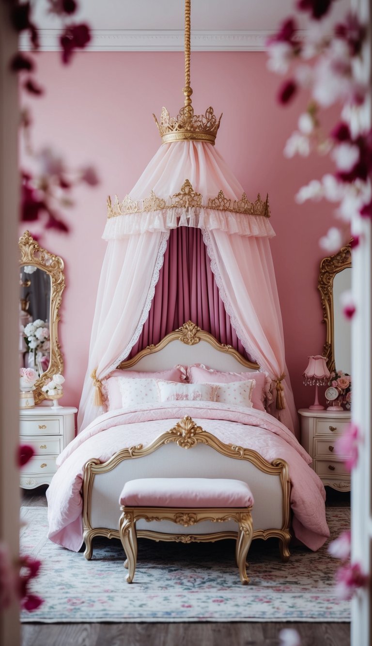 A luxurious princess bedroom with a canopy bed, elegant furniture, and delicate decor fit for a charming dollhouse