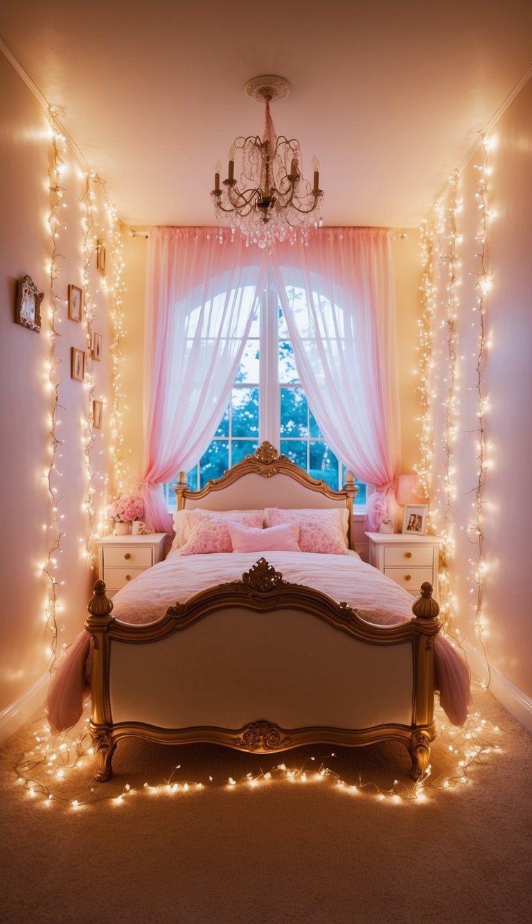 A charming princess bedroom adorned with sparkling magical fairy lights, creating a whimsical and enchanting atmosphere