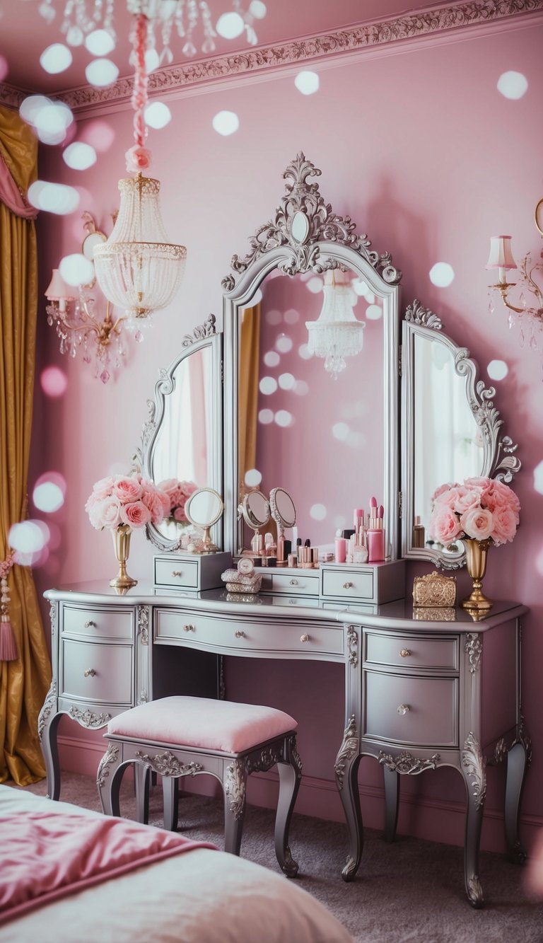 A luxurious vanity set surrounded by ornate decor in a princess-themed bedroom