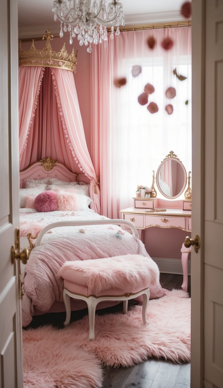 A cozy princess bedroom with pastel-colored furniture, including a canopy bed, fluffy rugs, and a charming vanity