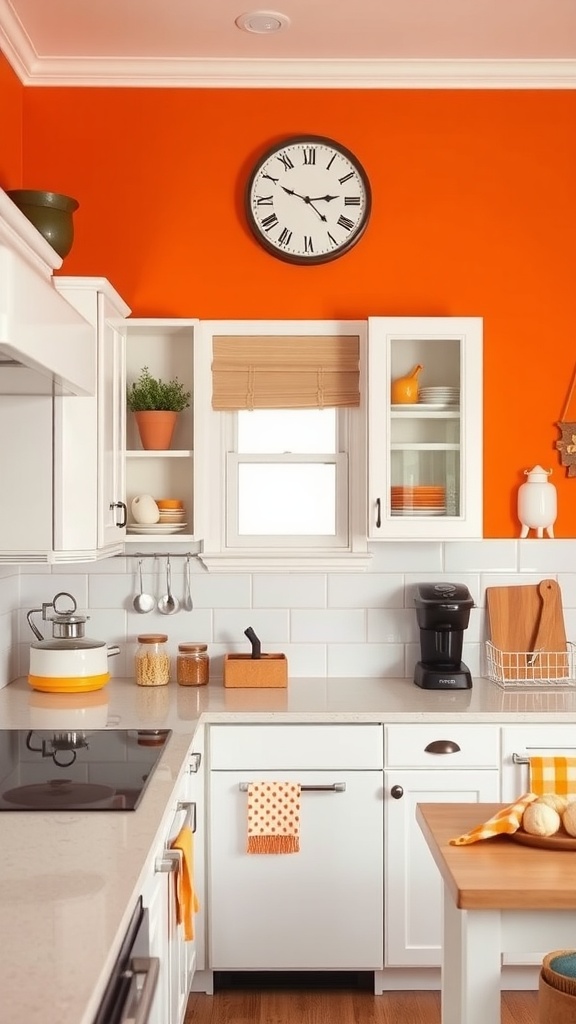 A modern kitchen with a vibrant orange accent wall, neutral cabinetry, and decorative items on open shelves.