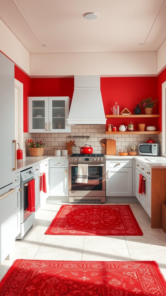 A vibrant kitchen featuring red walls and matching rugs.