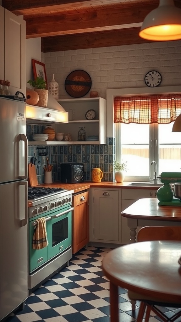 A vintage-style kitchen featuring red and yellow appliances, open shelving with dishes and plants, creating a cozy atmosphere.