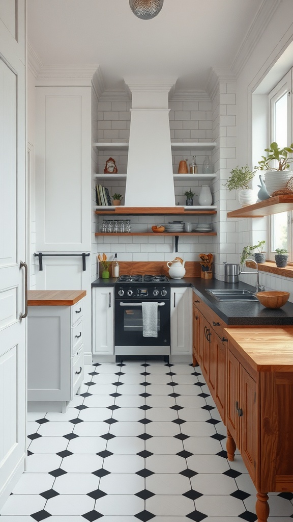 A cozy kitchen featuring vintage black and white octagonal tiles on the floor, complemented by warm wooden cabinets and white subway tiles on the walls.