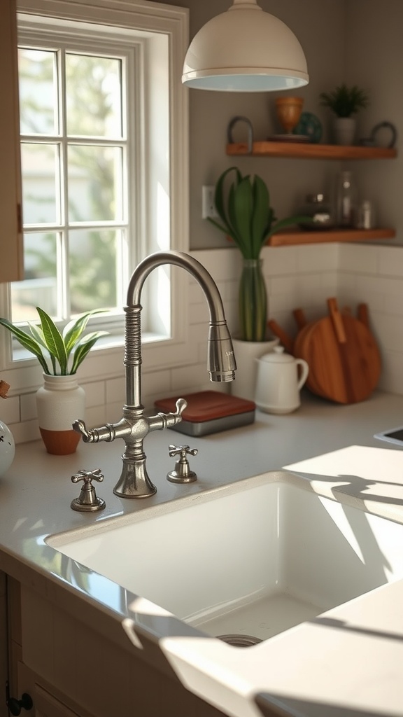 Vintage farmhouse sink with a stylish faucet and natural decor