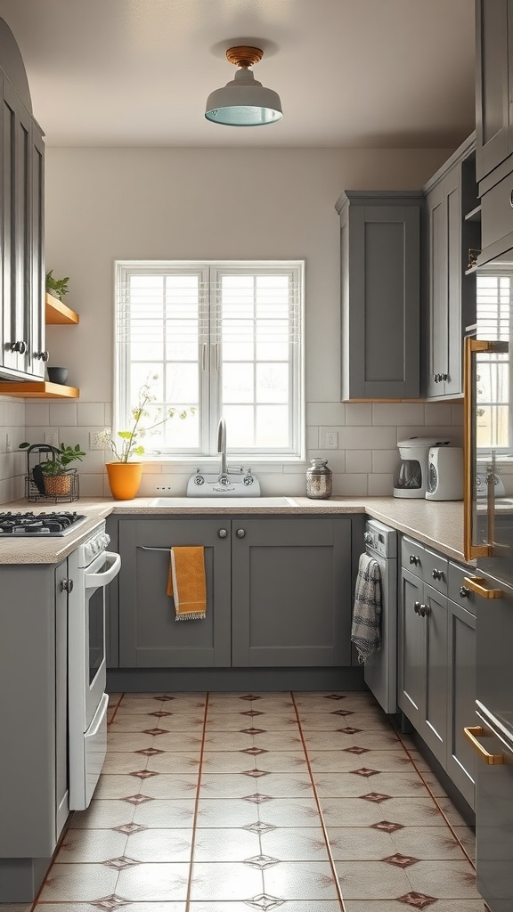 Cozy kitchen with gray cabinets and retro appliances, featuring natural light and vintage floor tiles.