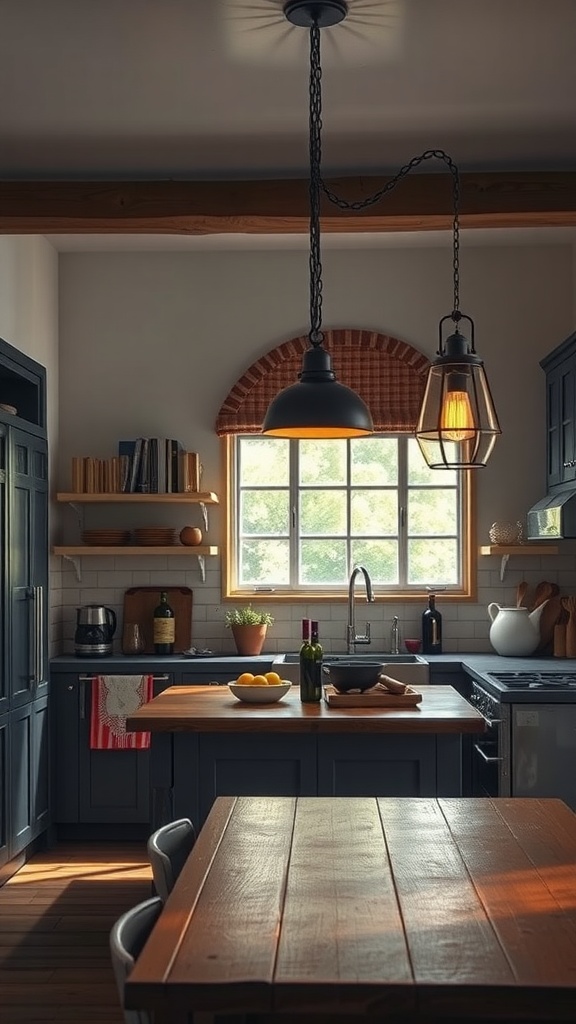 A rustic farmhouse kitchen featuring vintage light fixtures, wooden table, and dark cabinetry.