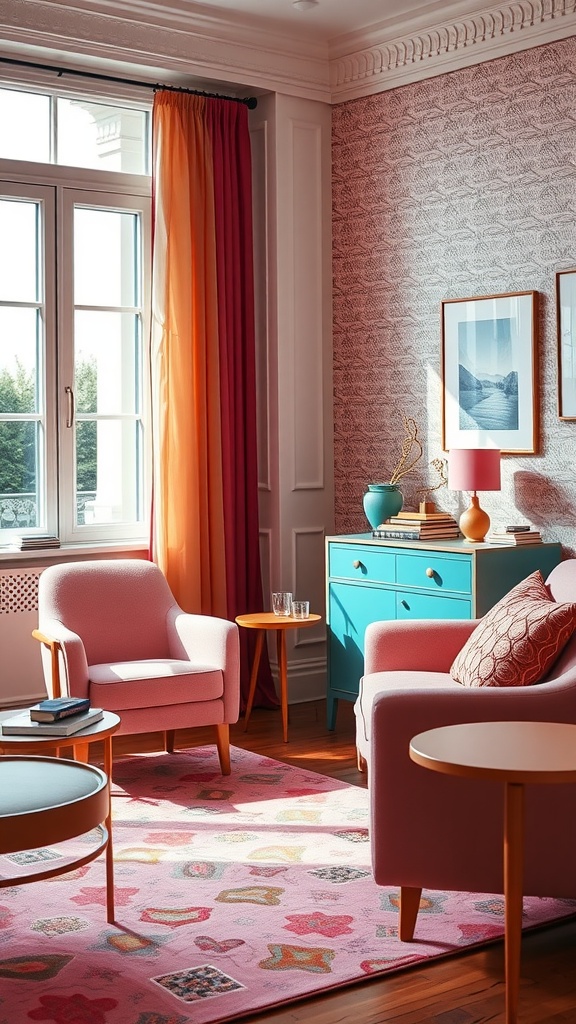 A vintage-inspired living room featuring pink furniture, colorful curtains, and a vibrant rug, creating a cozy and inviting space.