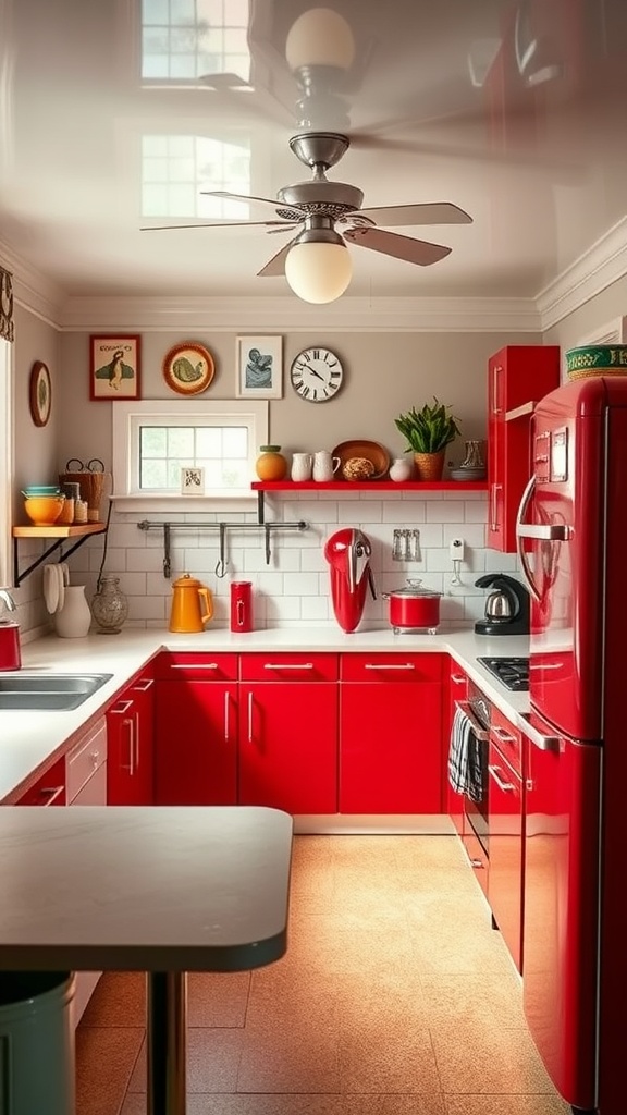 A vintage-style kitchen featuring red appliances, red floor tiles, and a bright window