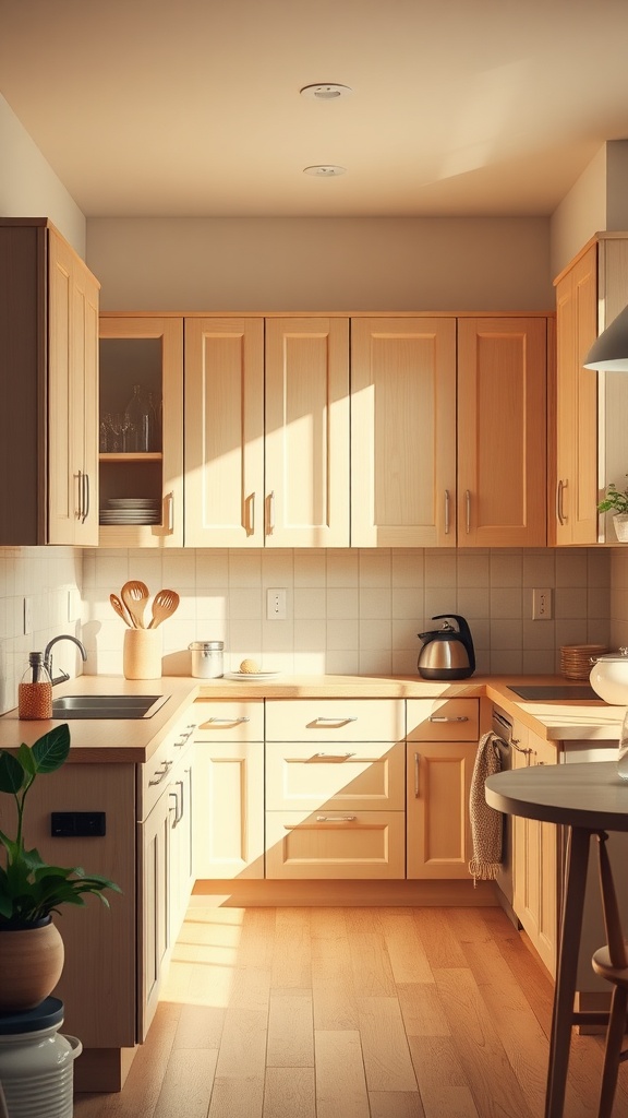 A cozy kitchen featuring warm beige cabinets and wood countertops, illuminated by sunlight.