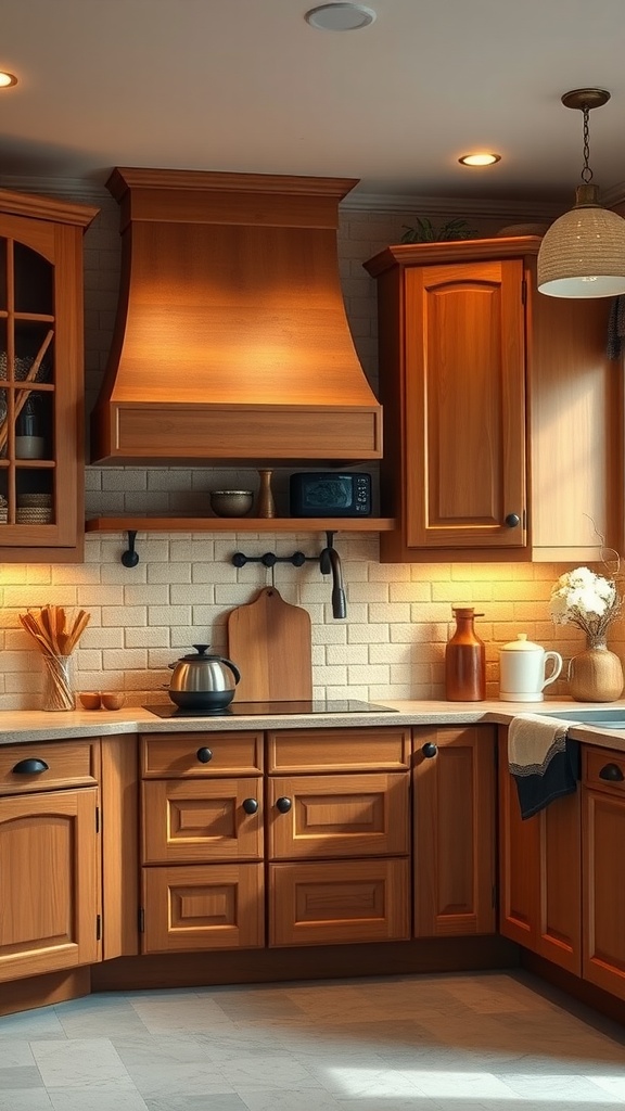 Cozy kitchen with warm cinnamon cabinets and soft lighting.