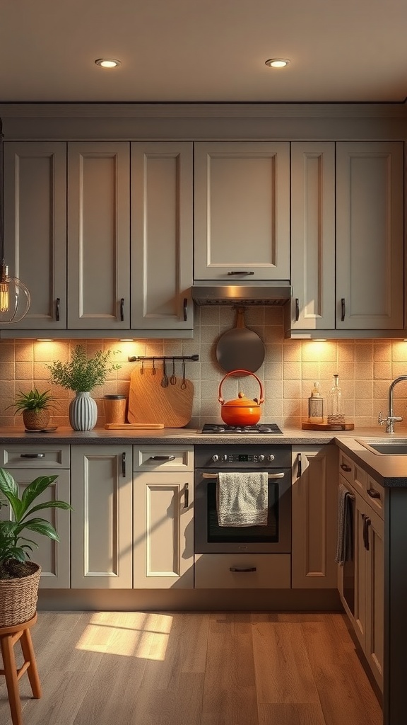 A cozy kitchen featuring warm gray cabinets, wooden accents, and soft lighting.