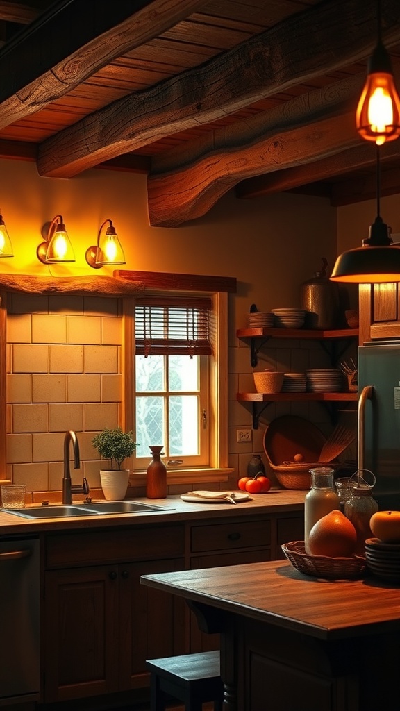 A rustic farmhouse kitchen with warm lighting, wooden beams, and a cozy atmosphere.